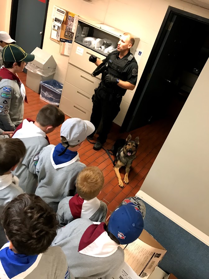 Constable Aaron Head and Gryphon brief the Cub Scouts about the K9 unit and do a brief (yet effective) demo.